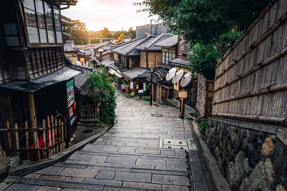 Traditional Kyoto street with lanterns and wooden buildings