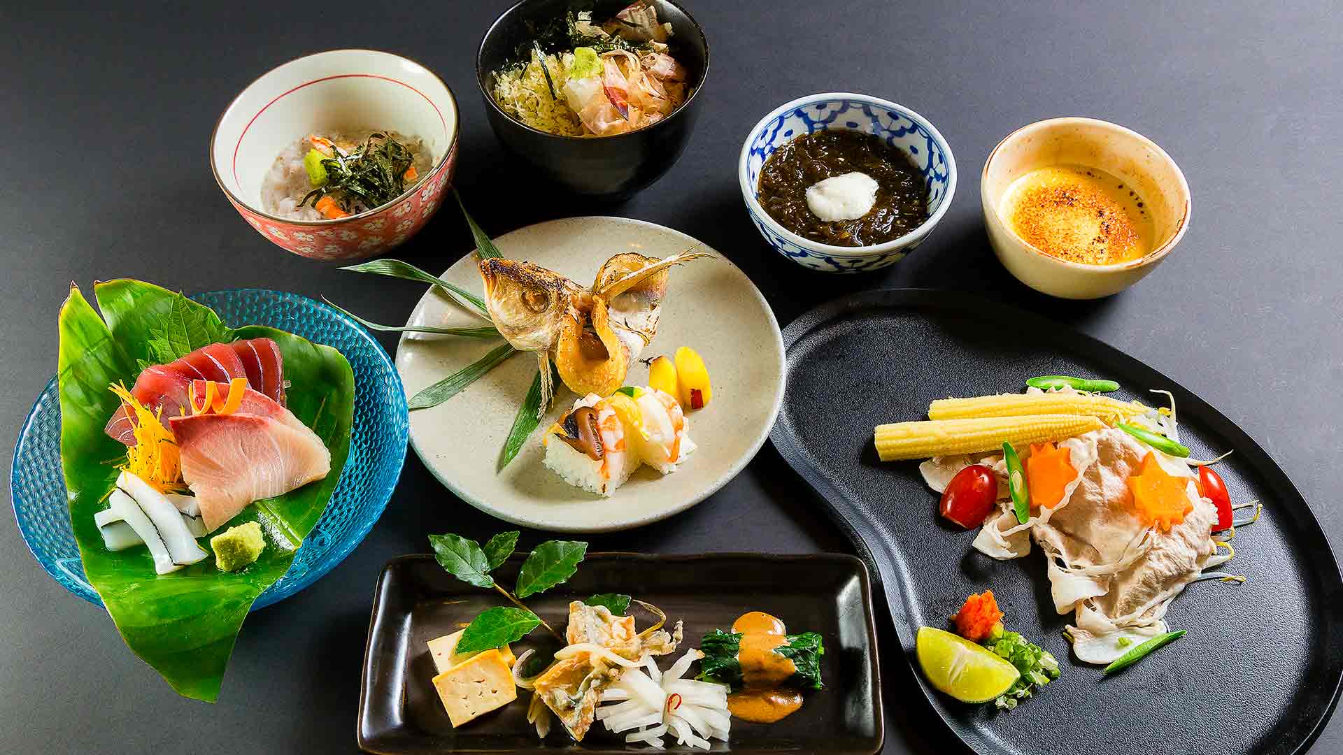 Japanese food served neatly on small plates